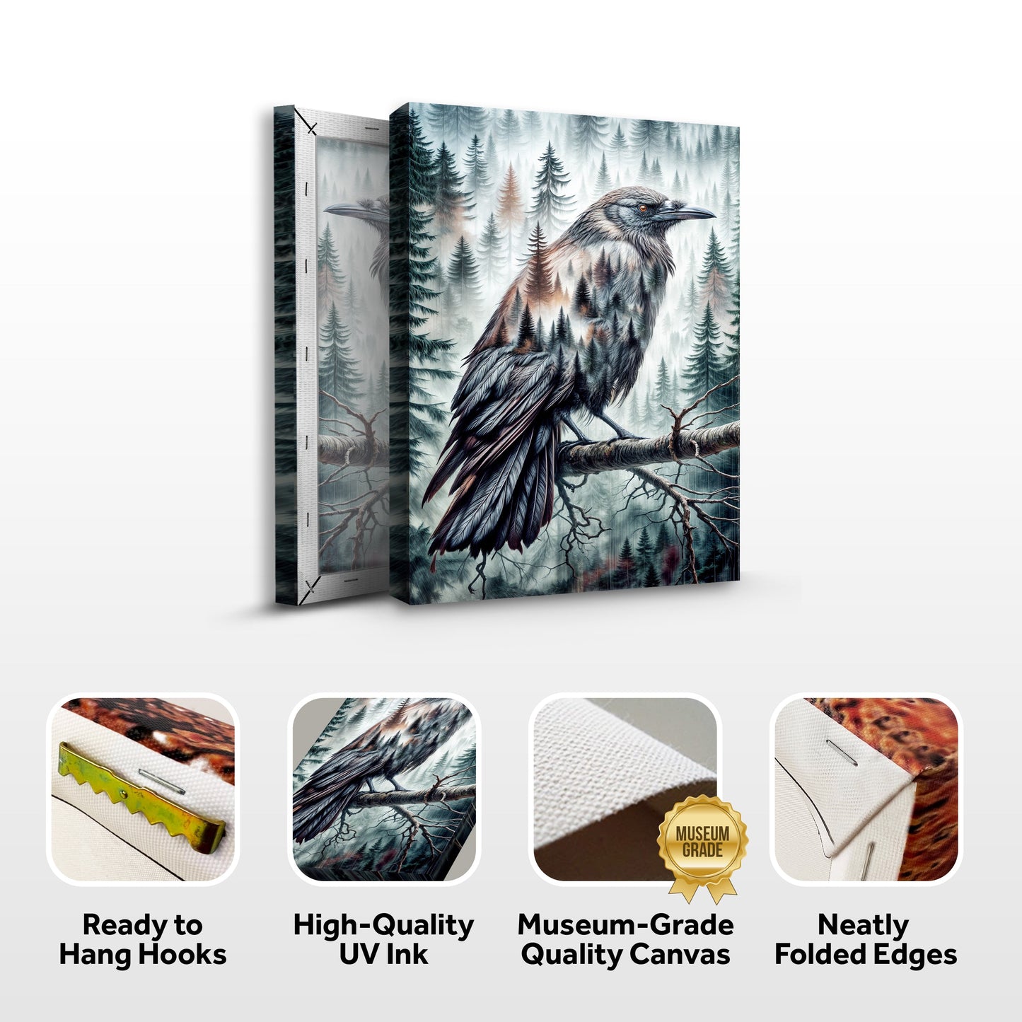 Whispers of the Midnight Pines – Crow Double Exposure Wall Art