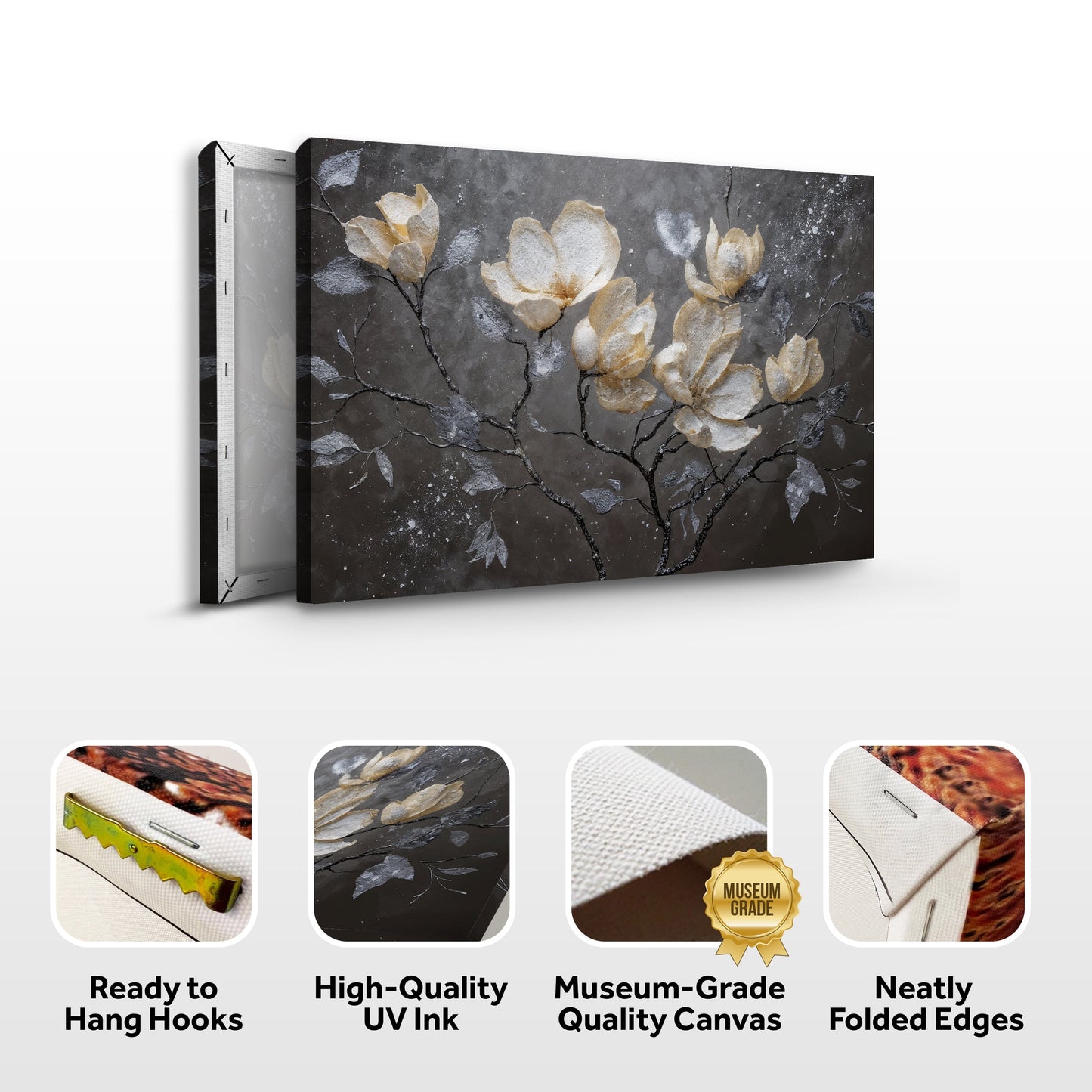 Midnight Magnolias – Textured Metallic Floral Wall Art