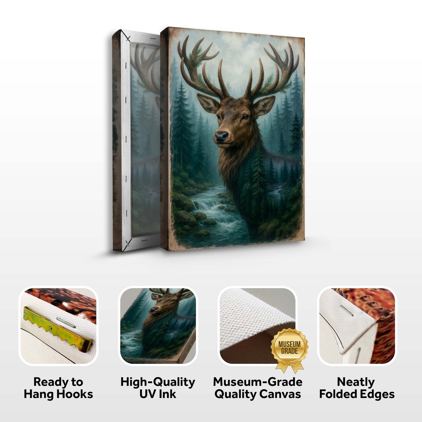 Misty Stag Reverie – Double Exposure Forest Wall Art