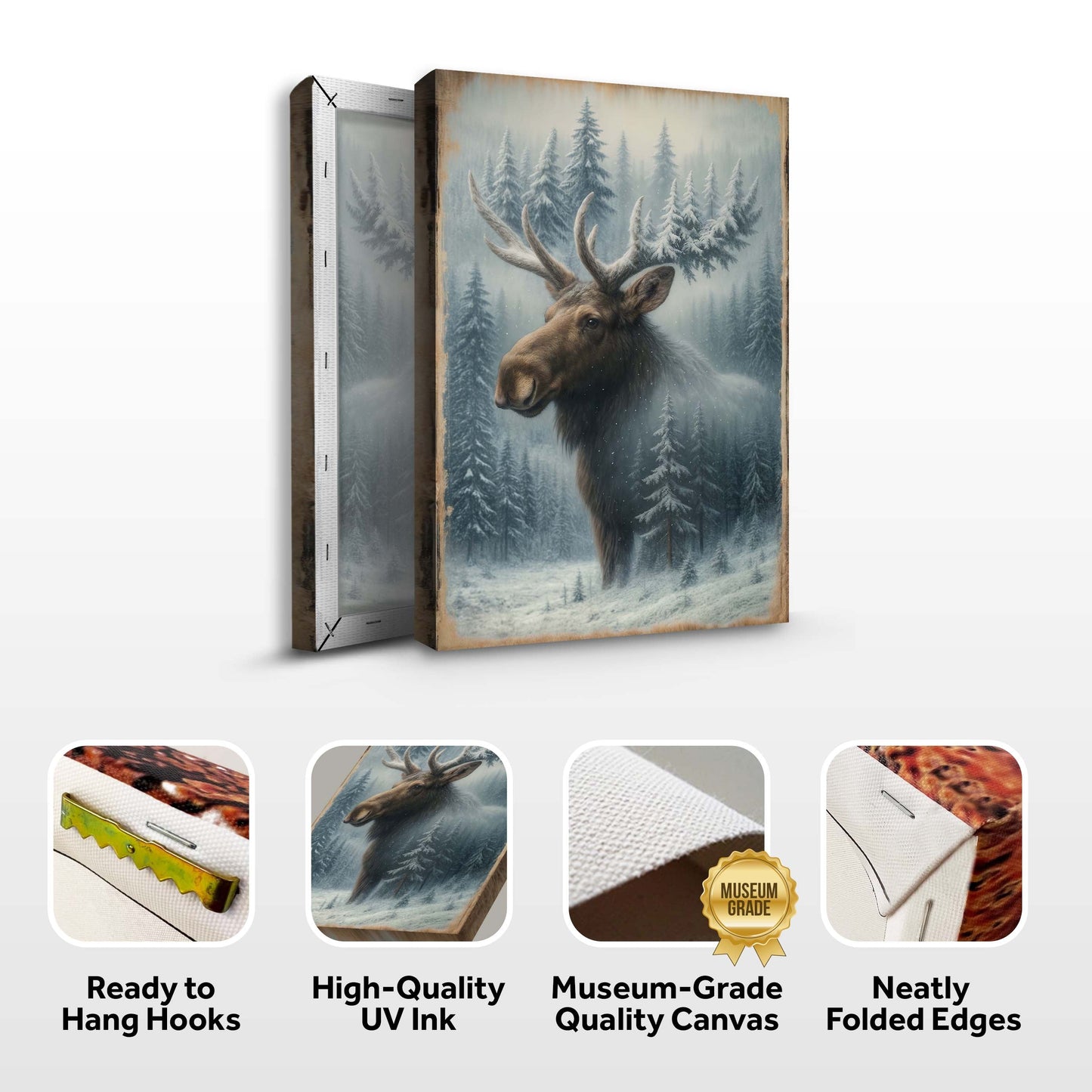 Winter Moose in the Pines – Rustic Woodland Snowfall Wall Art