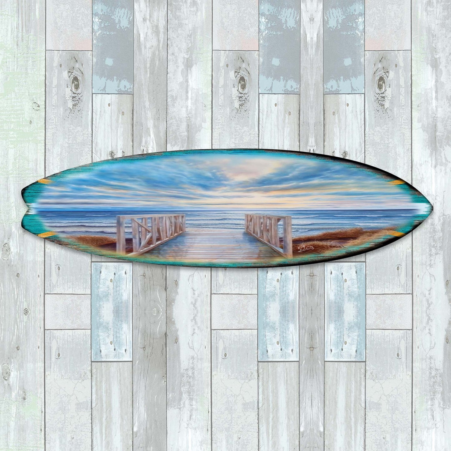 Wooden Pier Surfboard – Handcrafted Coastal Wall Art