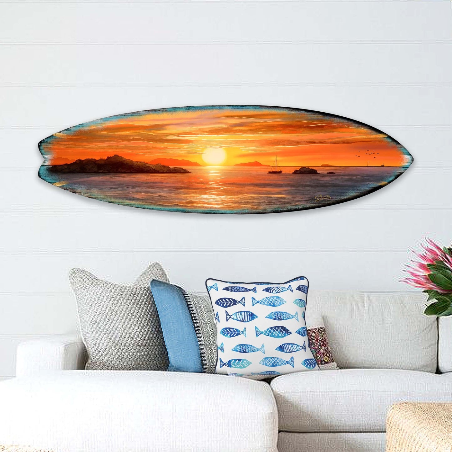 Sunset Voyage – Coastal Surfboard Wooden Wall Art