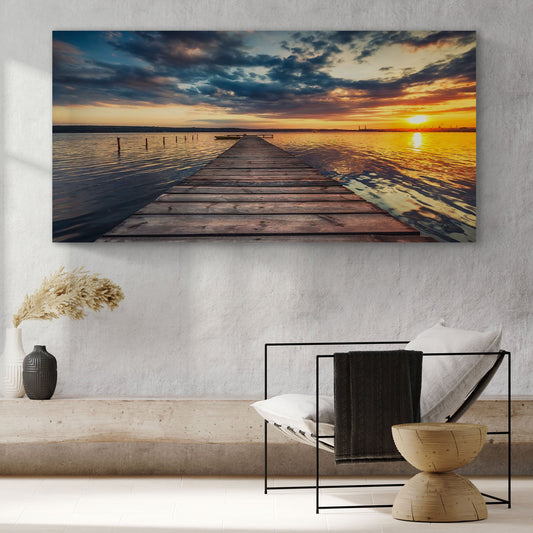Small Dock by the Vibrant Lake – Sunset Landscape Wall Art