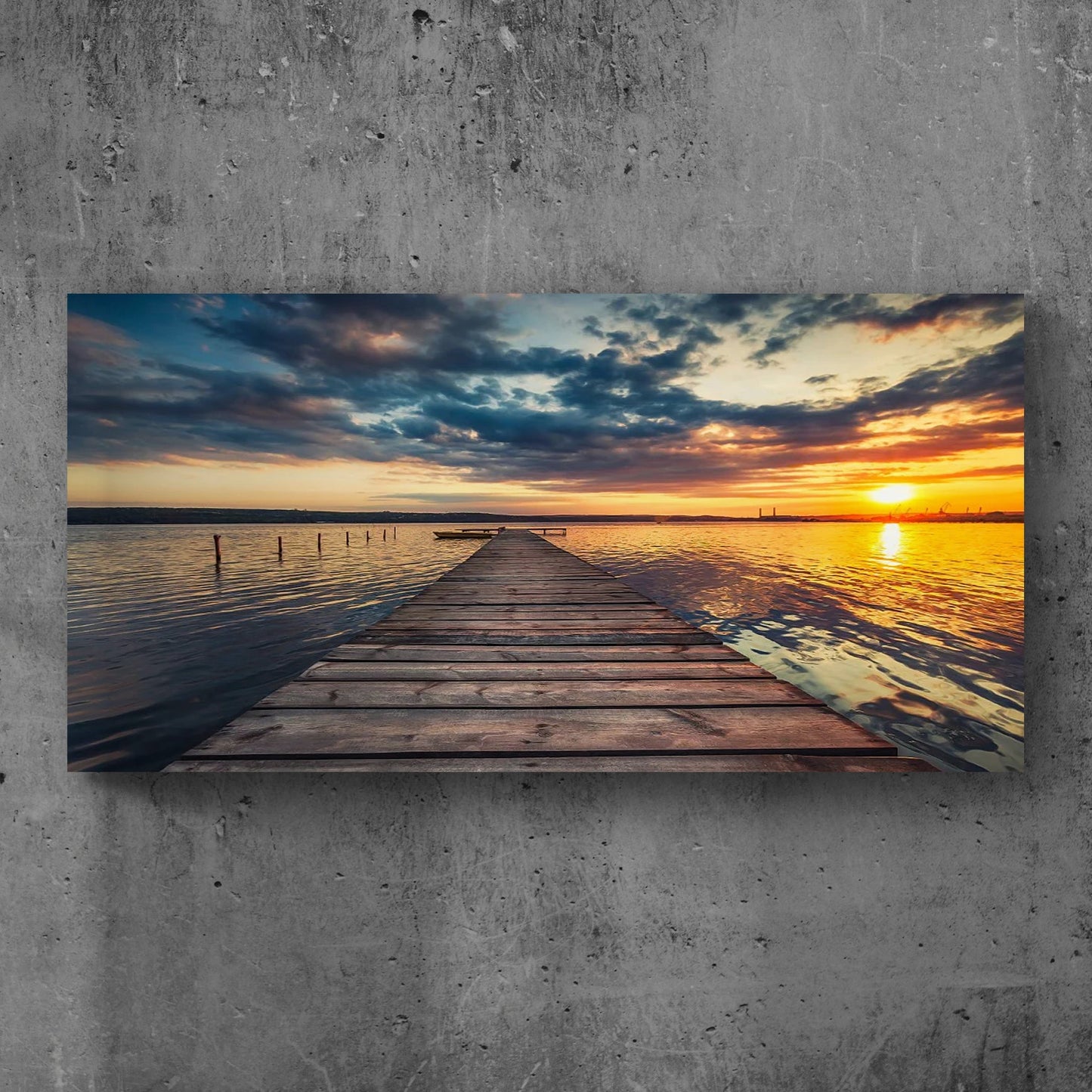 Small Dock by the Vibrant Lake – Sunset Landscape Wall Art