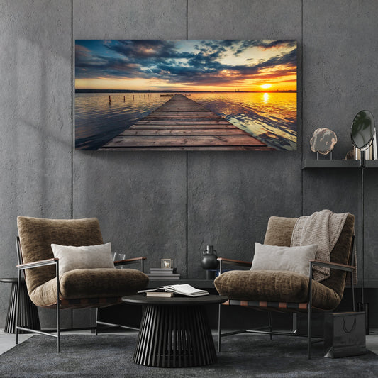 Small Dock by the Vibrant Lake – Sunset Landscape Wall Art