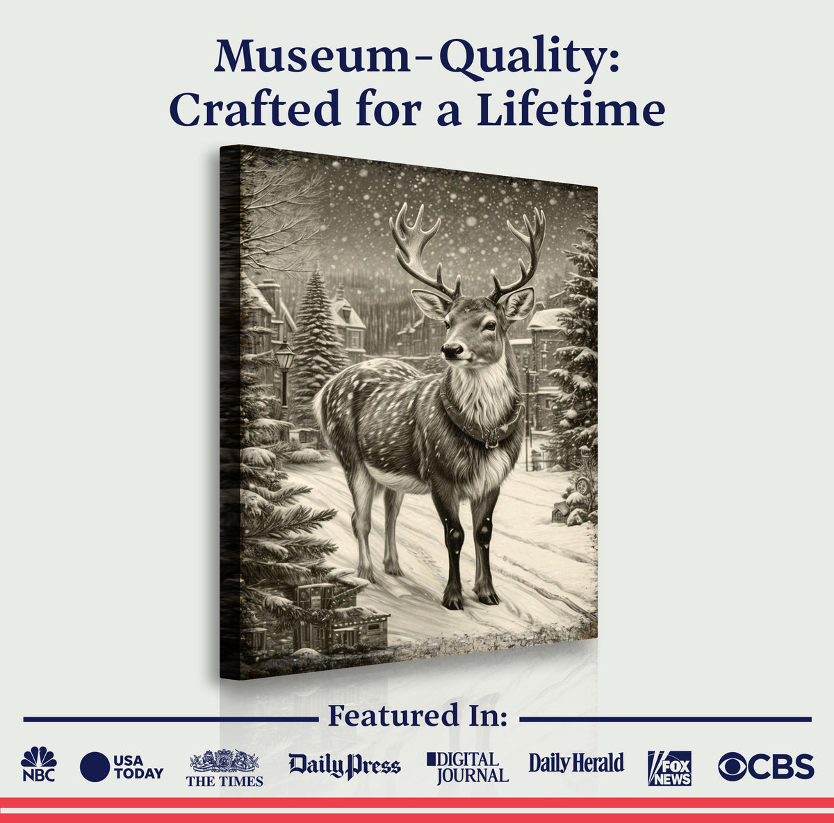 Winter Village Guardian, Deer Canvas Wall Art, Rustic Woodland Winter Decor