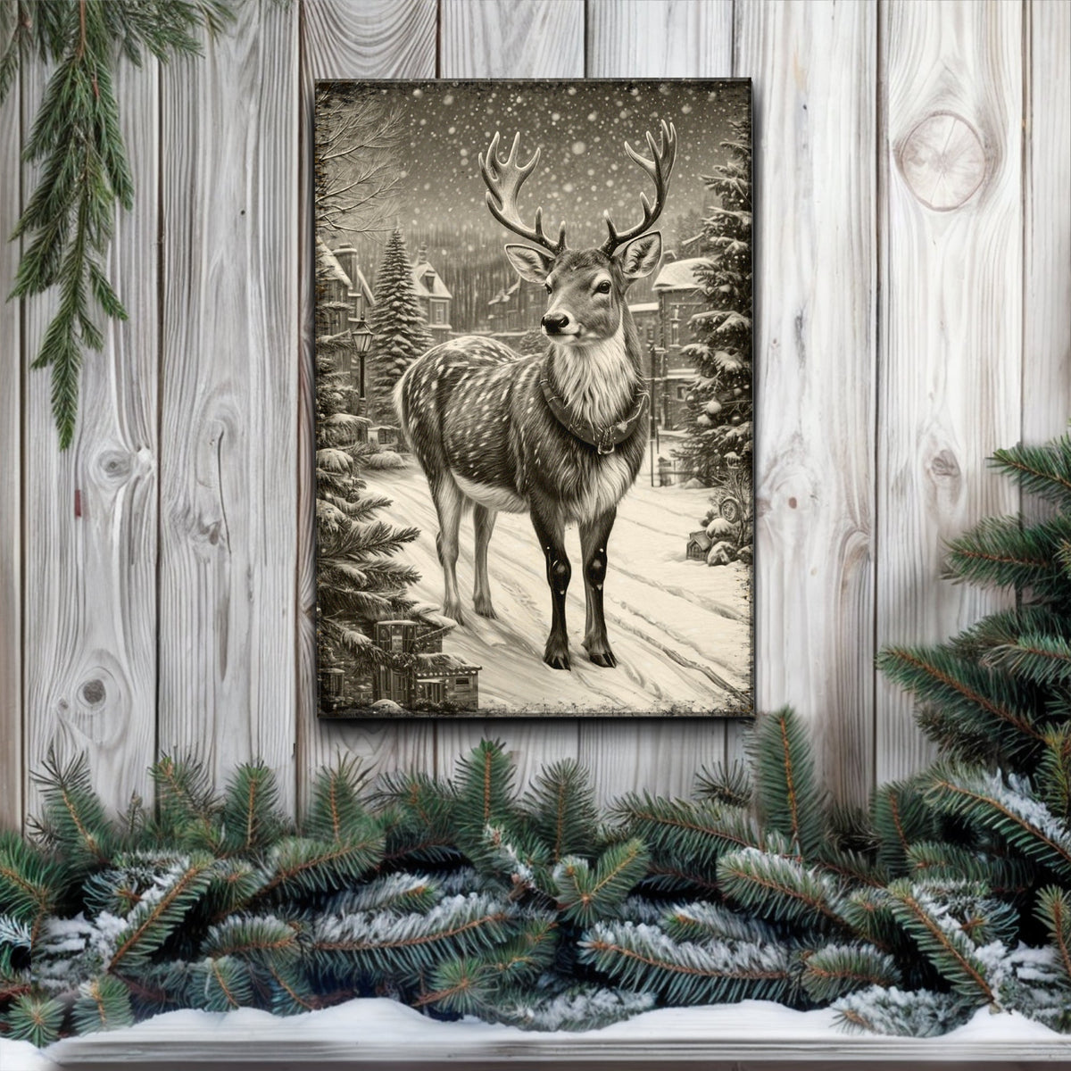 Winter Village Guardian, Deer Canvas Wall Art, Rustic Woodland Winter Decor