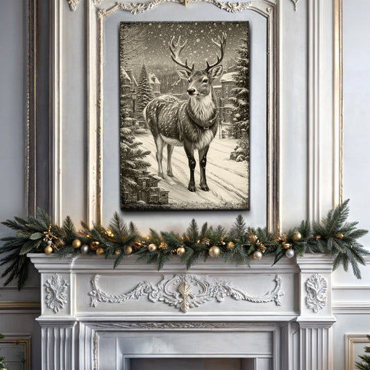 Winter Village Guardian, Deer Canvas Wall Art, Rustic Woodland Winter Decor