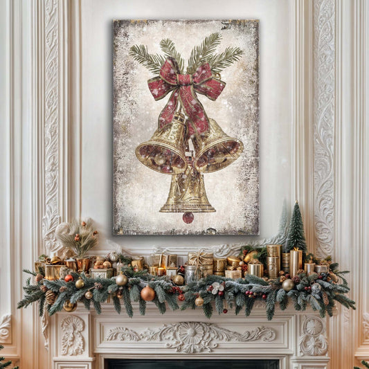 Christmas Bells & Evergreen Bows, Vintage Christmas Canvas Wall Art, Rustic Holiday Decor