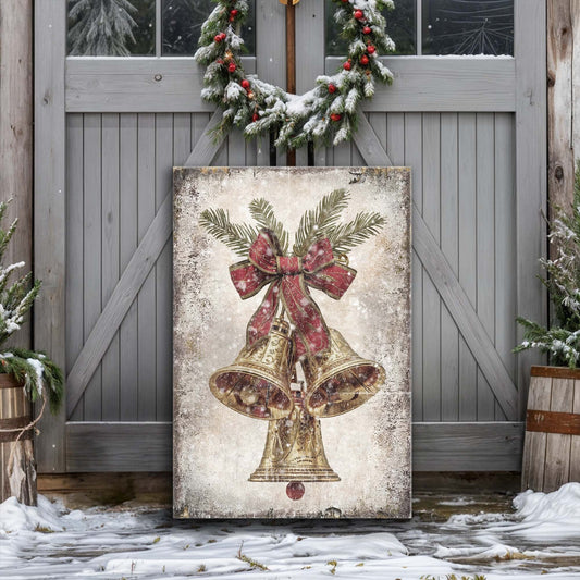 Christmas Bells & Evergreen Bows, Vintage Christmas Canvas Wall Art, Rustic Holiday Decor