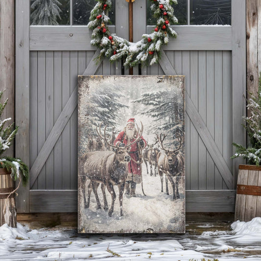 Through the Winter Pines, Woodland Santa Canvas Wall Art, Rustic Christmas Decor