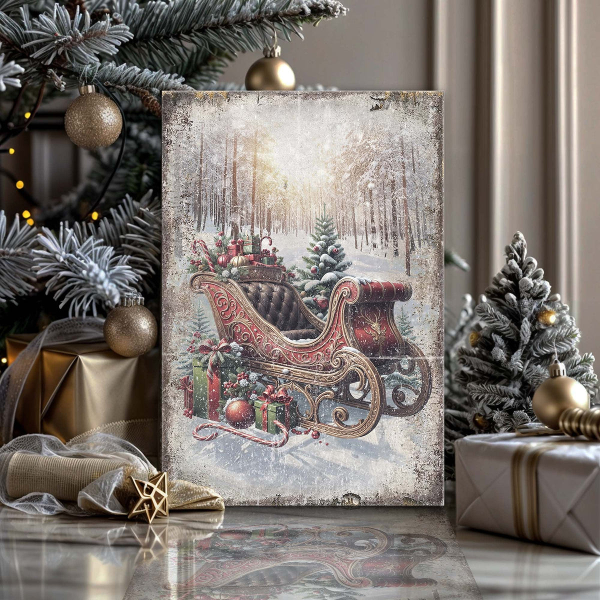 Christmas Wishes Await, Vintage Christmas Sleigh Canvas Wall Art, Rustic Holiday Decor