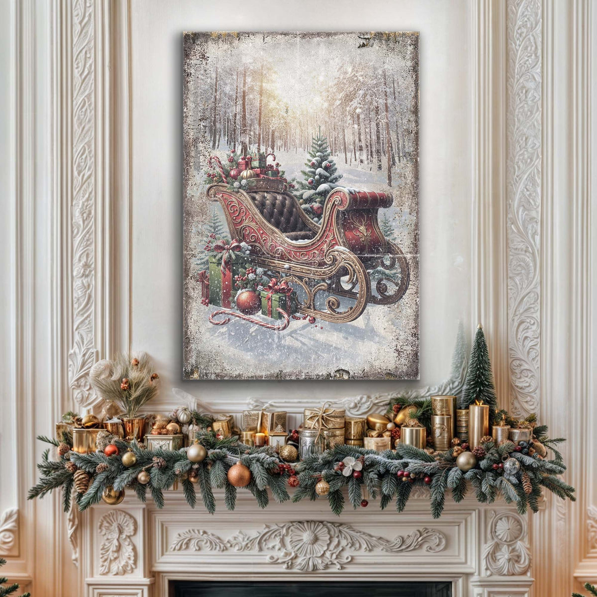 Christmas Wishes Await, Vintage Christmas Sleigh Canvas Wall Art, Rustic Holiday Decor