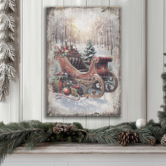 Christmas Wishes Await, Vintage Christmas Sleigh Canvas Wall Art, Rustic Holiday Decor