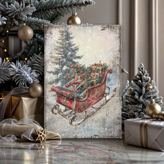 Waiting for Christmas Morning, Vintage Christmas Sleigh Canvas Wall Art, Rustic Holiday Decor