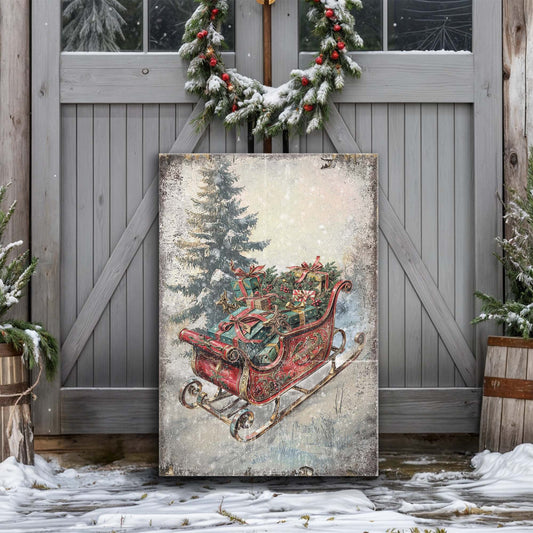 Waiting for Christmas Morning, Vintage Christmas Sleigh Canvas Wall Art, Rustic Holiday Decor