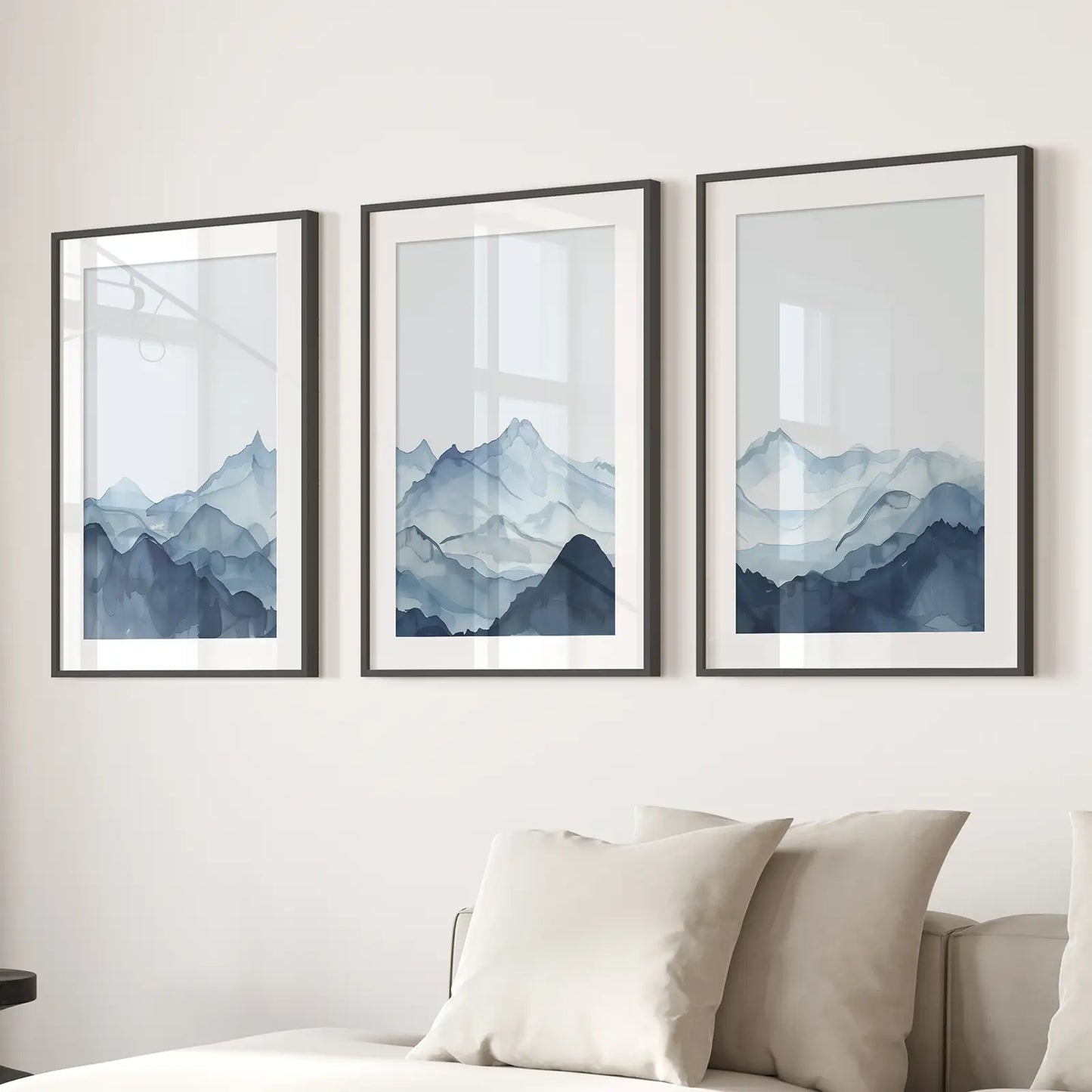 Blue Mist Peaks – Abstract Watercolor Mountain Canvas Set (3 Piece)