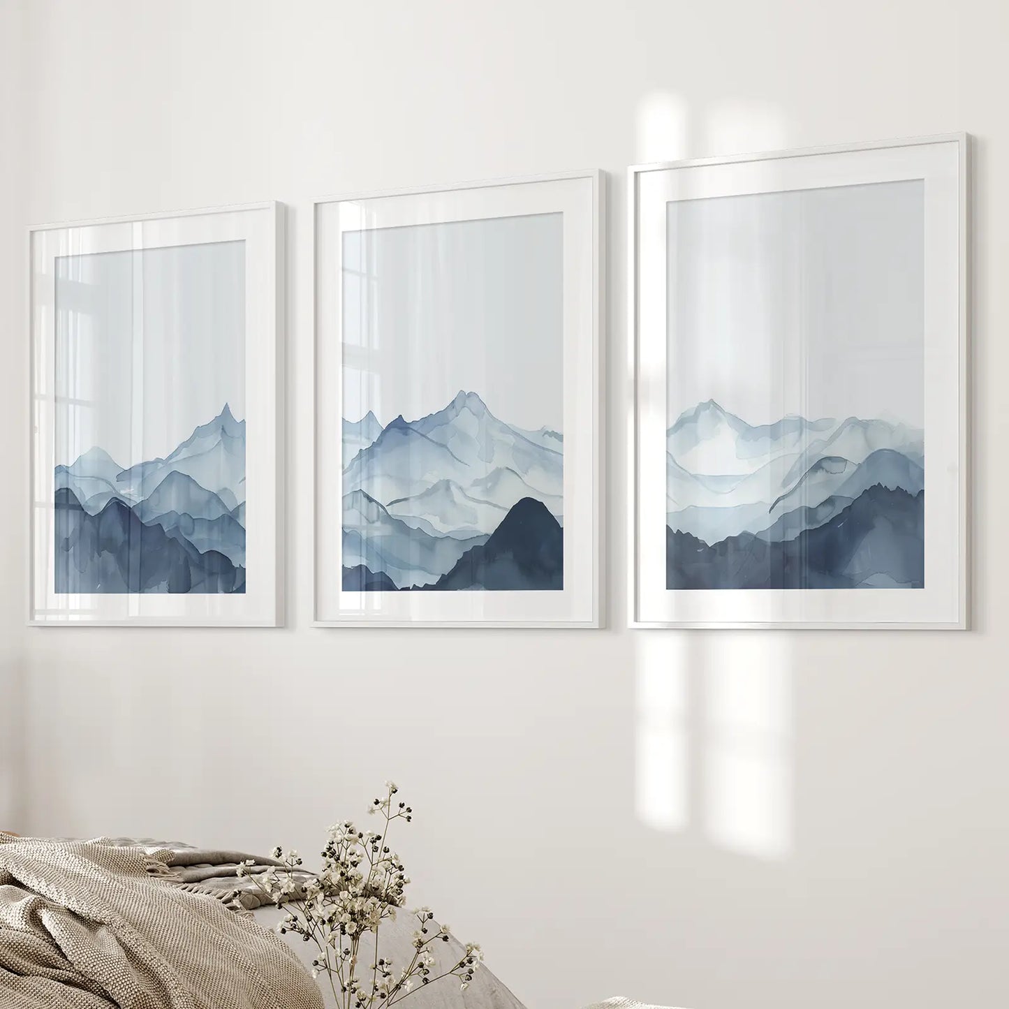 Blue Mist Peaks – Abstract Watercolor Mountain Canvas Set (3 Piece)