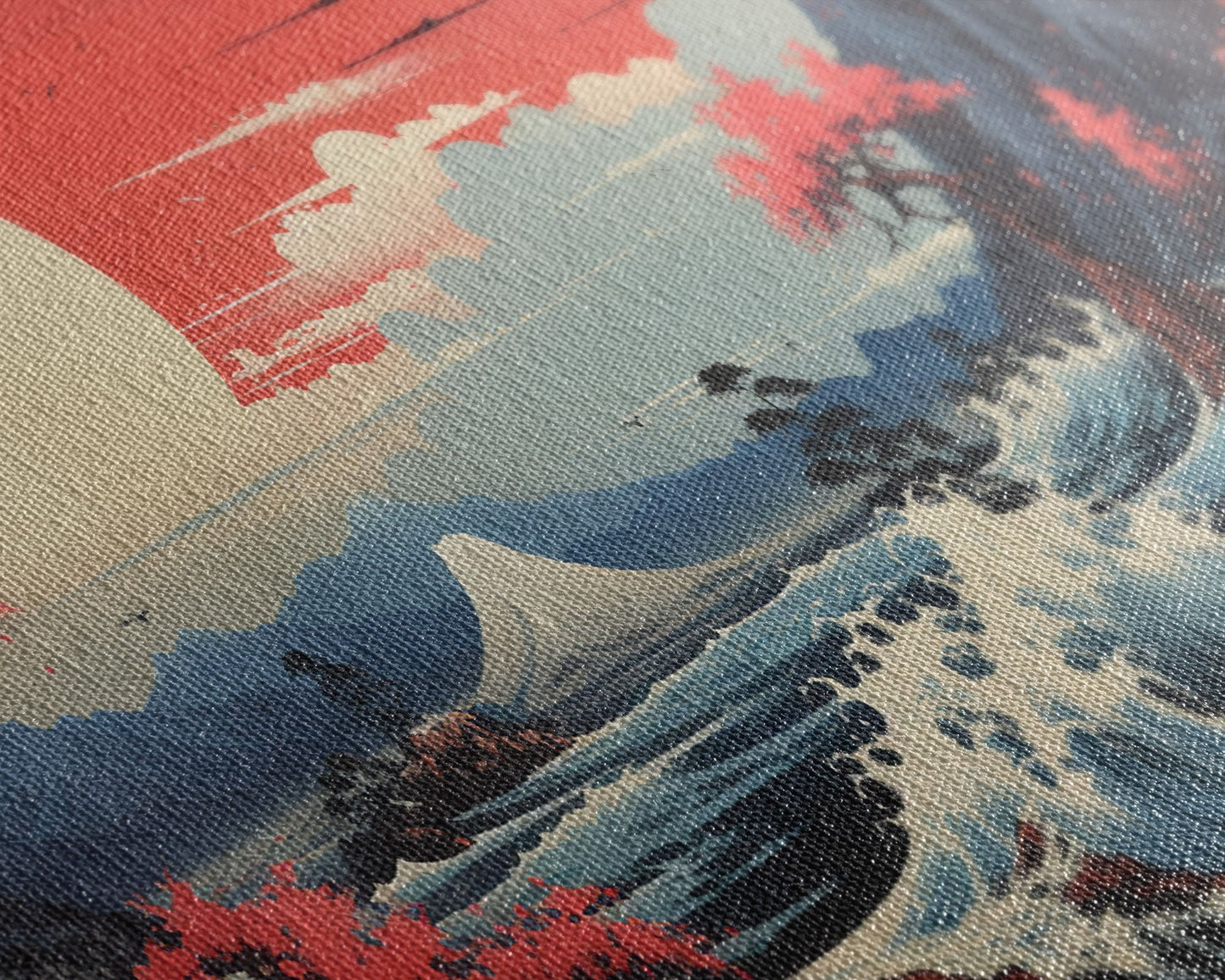 Crimson Wave Horizon – Japandi Seascape Triptych Wall Art