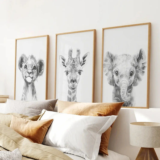 Little Safari Portraits – Black & White Nursery Art Set (3 Prints)