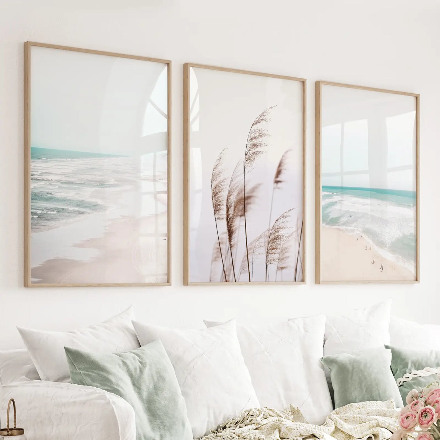 Coastal Pampas & Ocean – 3 Piece Wall Art Set