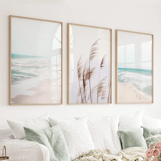 Coastal Pampas & Ocean – 3 Piece Wall Art Set