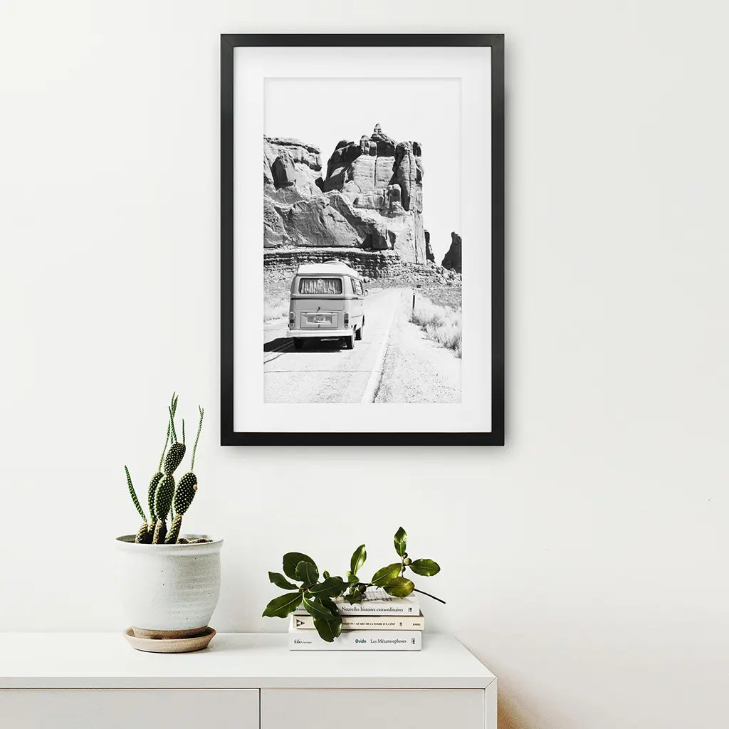 Desert Road Camper – Black & White Travel Poster