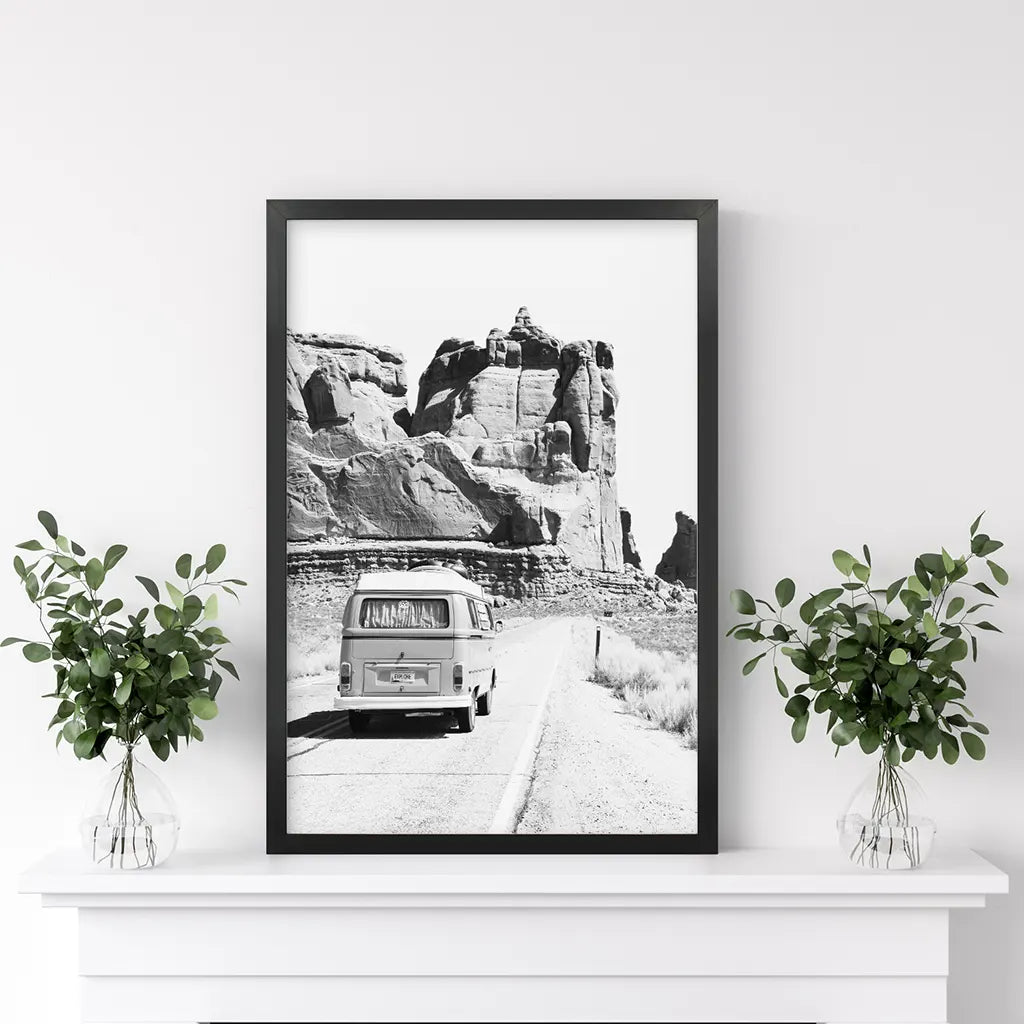 Desert Road Camper – Black & White Travel Poster