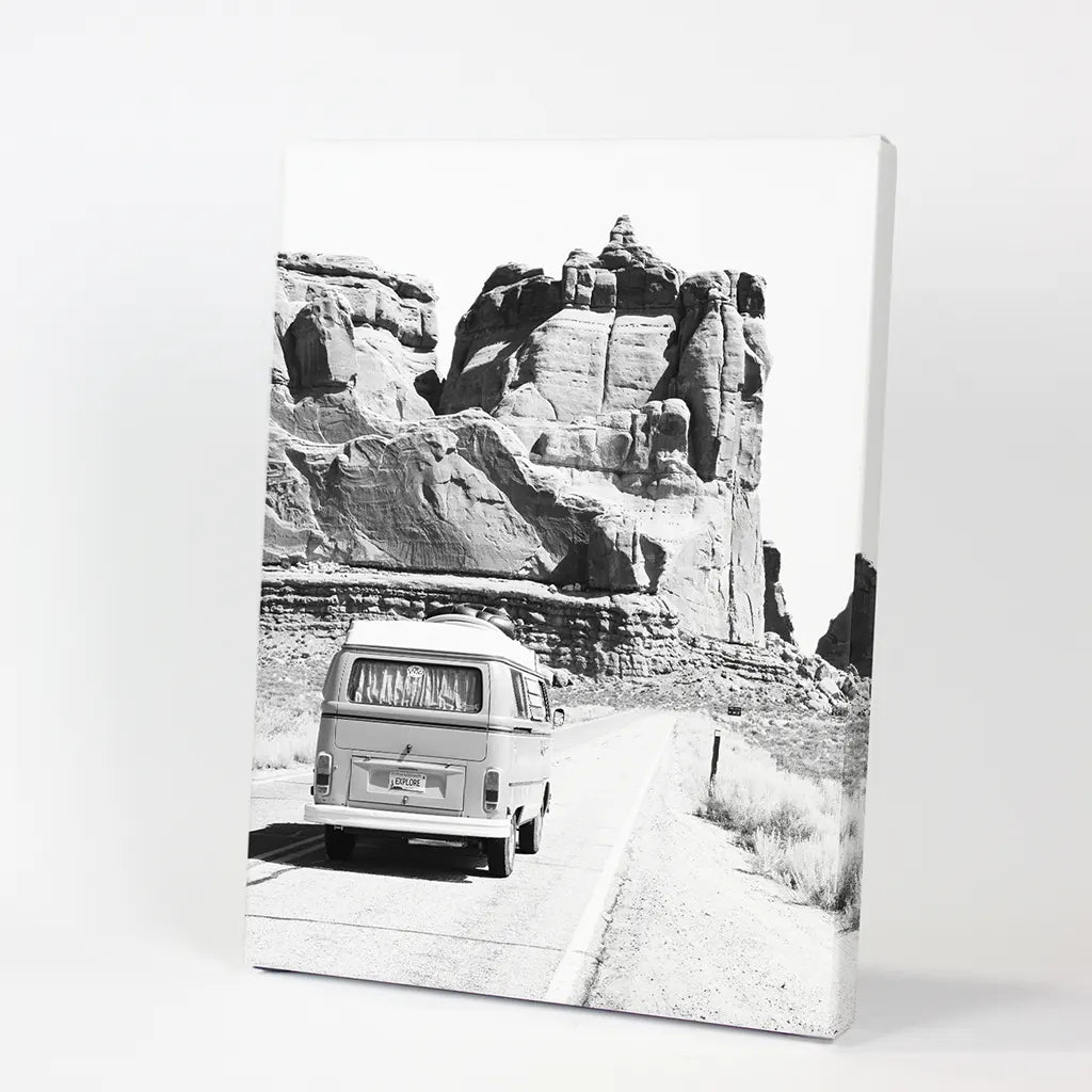 Desert Road Camper – Black & White Travel Poster