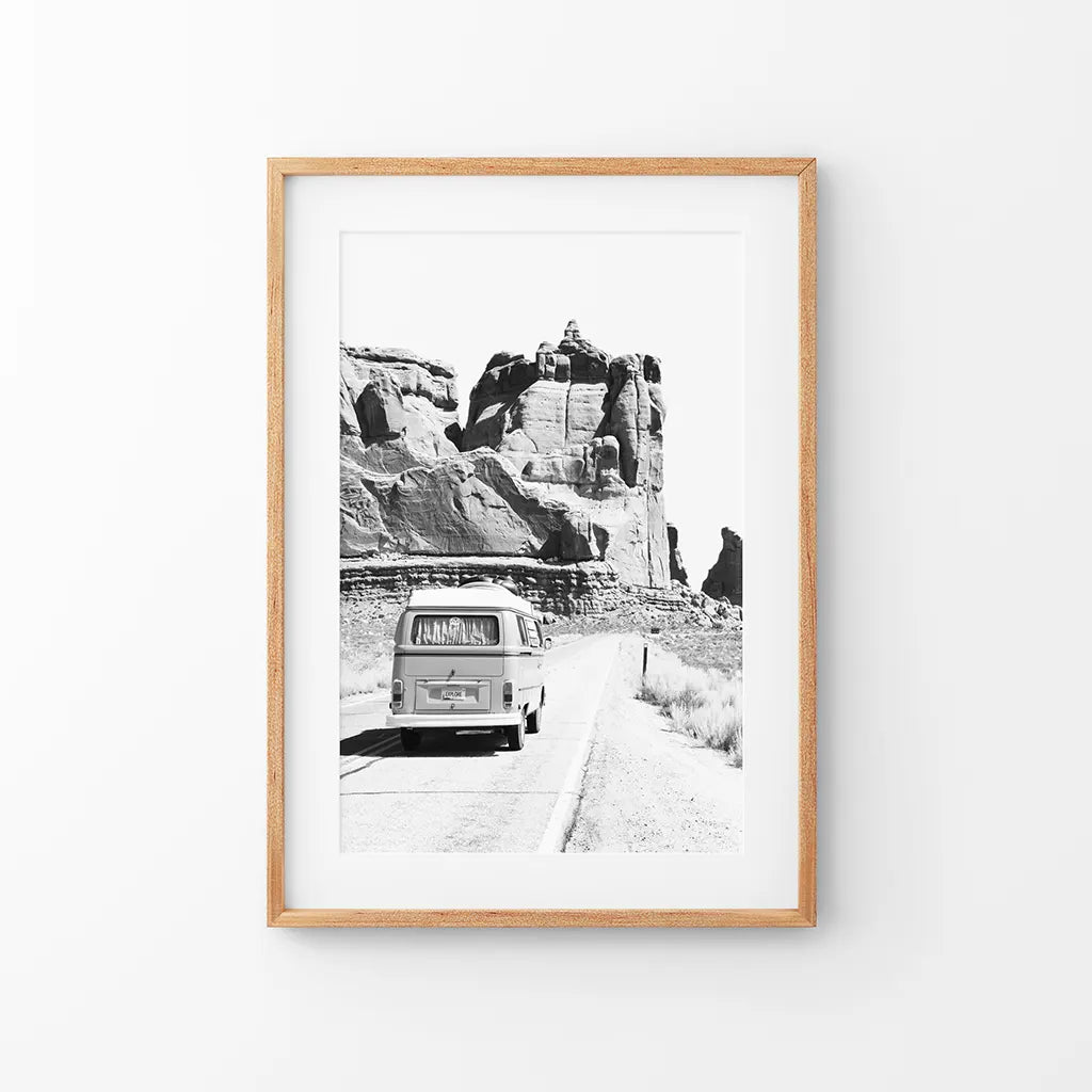 Desert Road Camper – Black & White Travel Poster