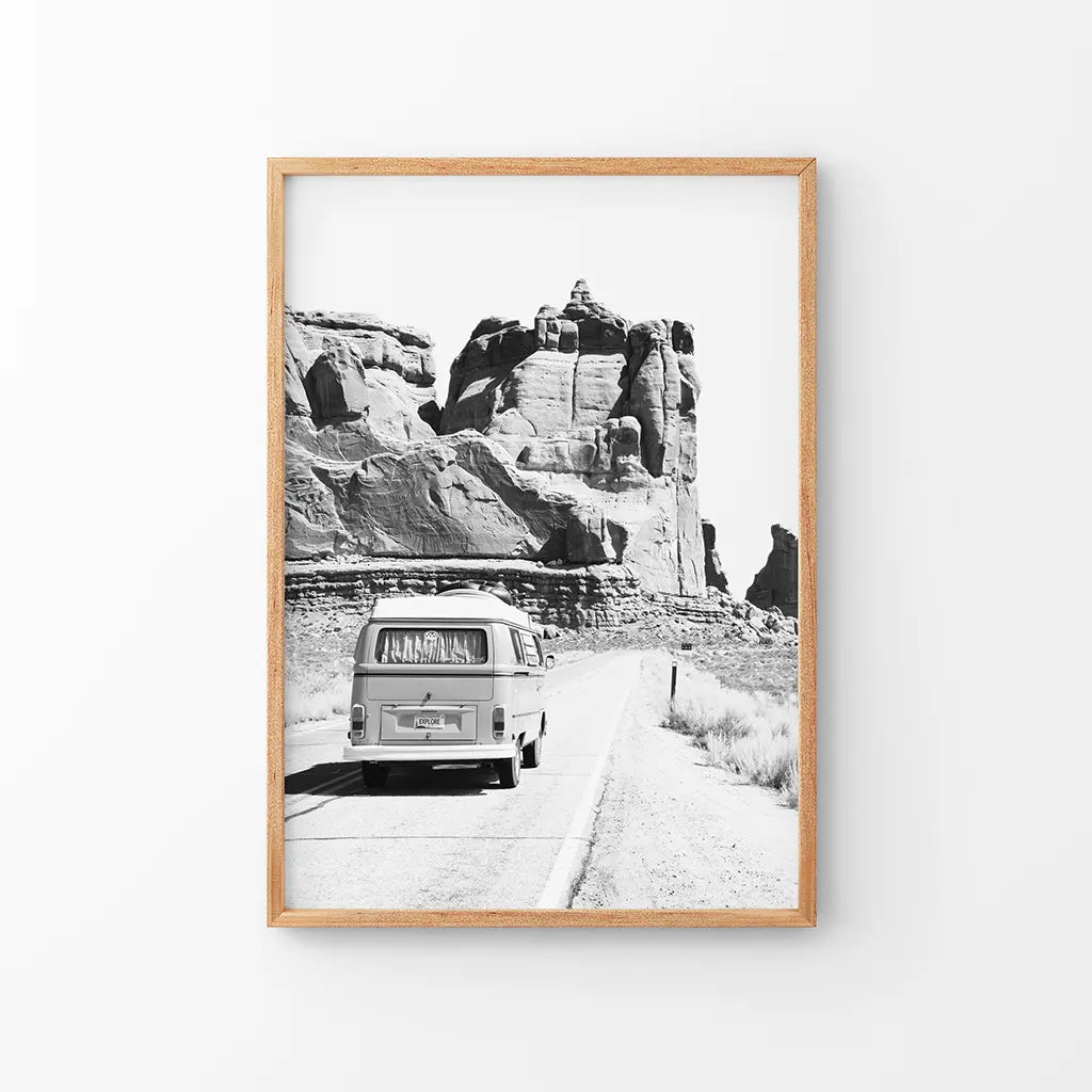 Desert Road Camper – Black & White Travel Poster
