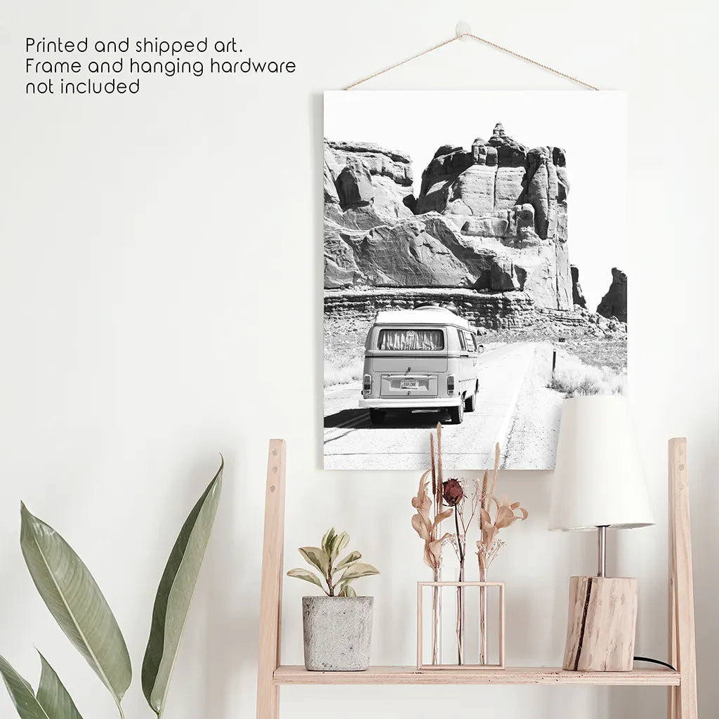 Desert Road Camper – Black & White Travel Poster