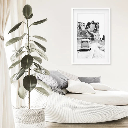 Desert Road Camper – Black & White Travel Poster