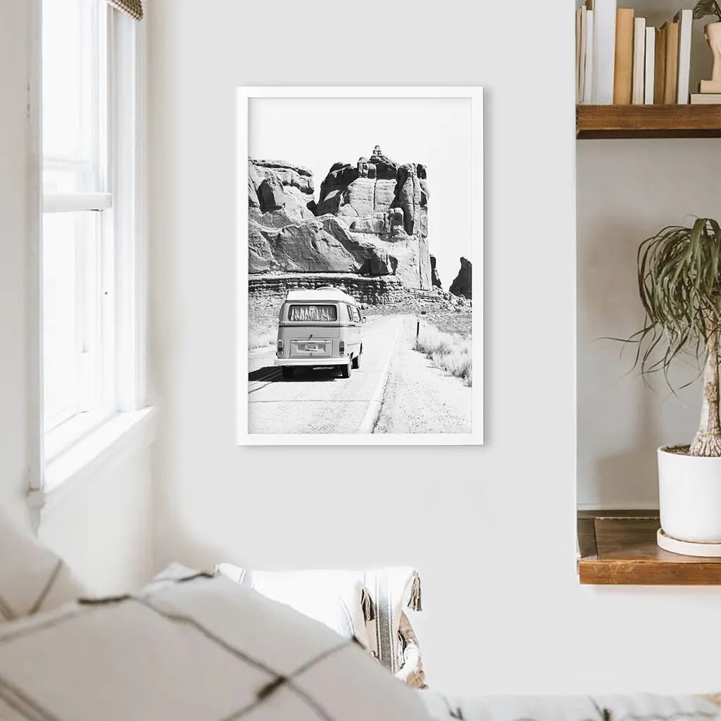 Desert Road Camper – Black & White Travel Poster