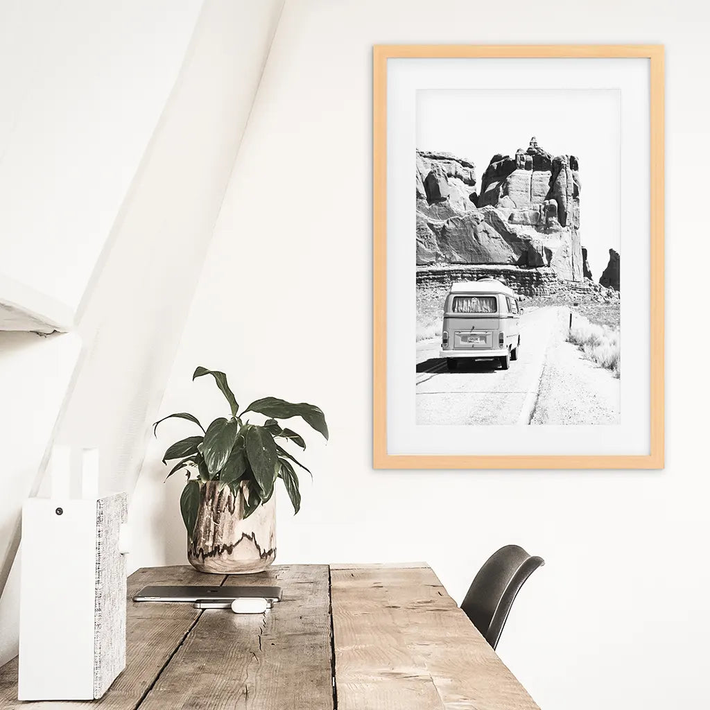 Desert Road Camper – Black & White Travel Poster