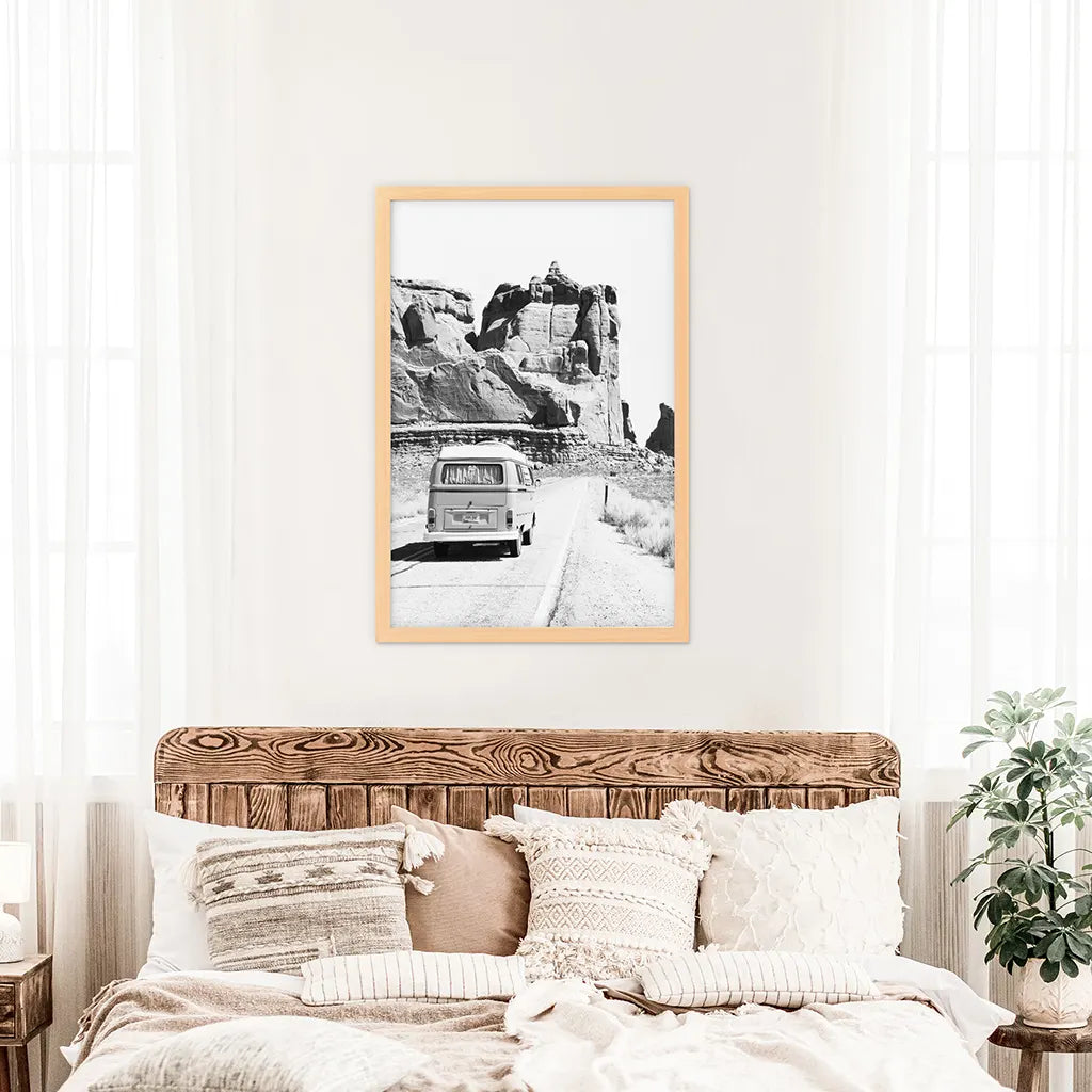 Desert Road Camper – Black & White Travel Poster