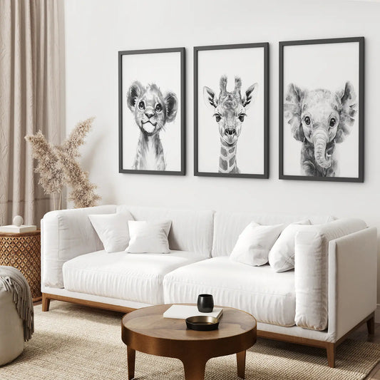Little Safari Portraits – Black & White Nursery Art Set (3 Prints)