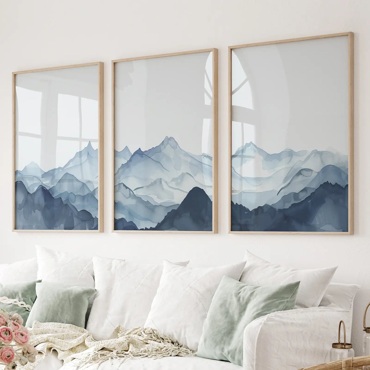 Blue Mist Peaks – Abstract Watercolor Mountain Canvas Set (3 Piece)