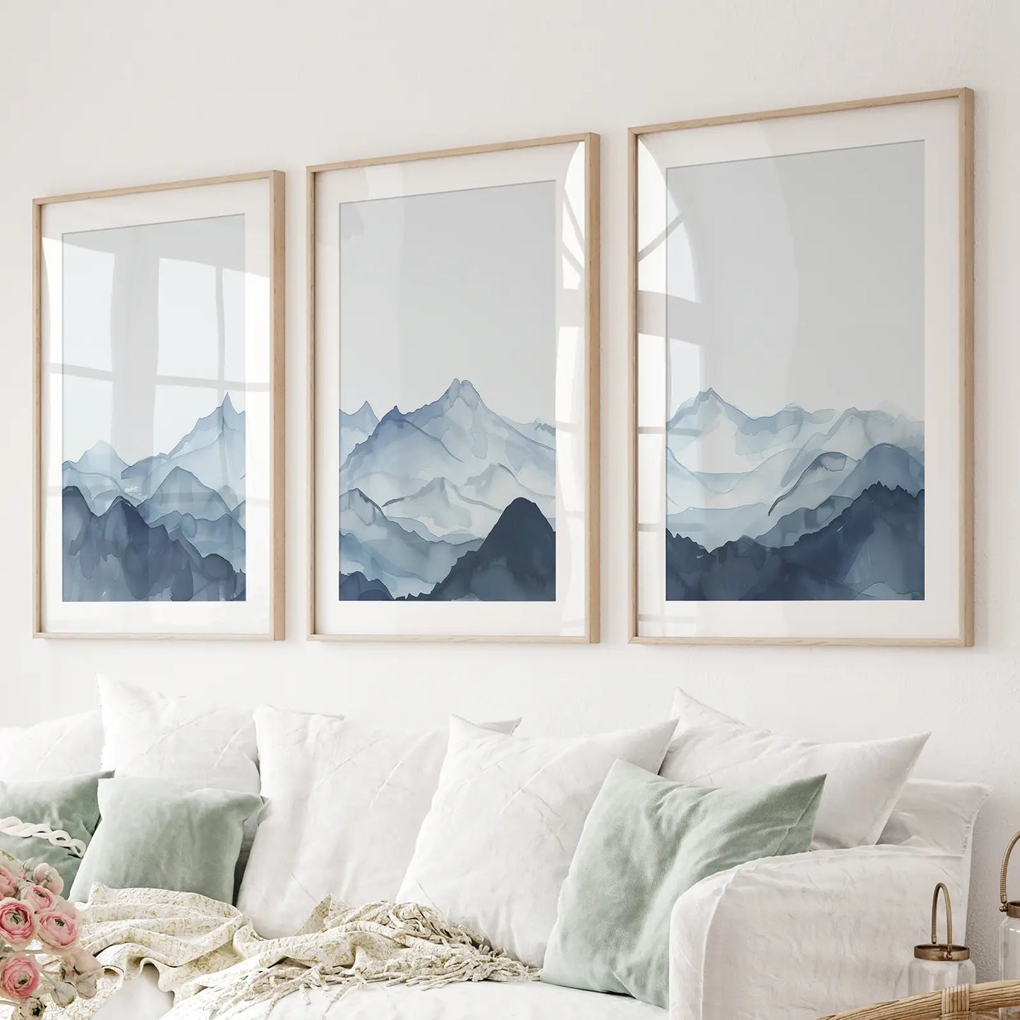 Blue Mist Peaks – Abstract Watercolor Mountain Canvas Set (3 Piece)
