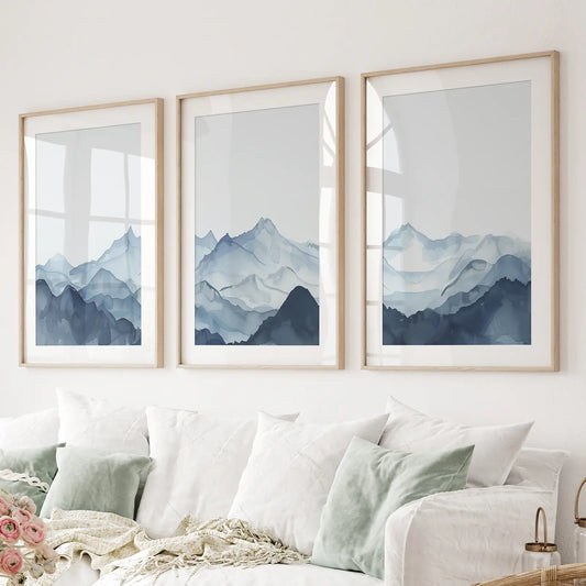 Blue Mist Peaks – Abstract Watercolor Mountain Canvas Set (3 Piece)