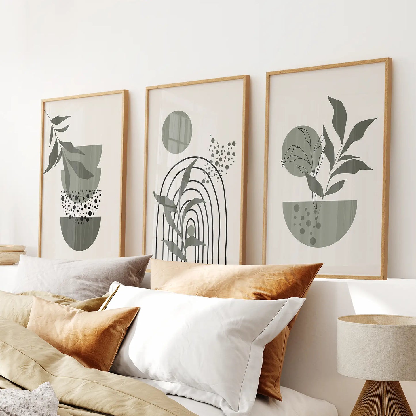 Green Mid‑Century Abstract Wall Art Set — 3 Piece Japandi Prints