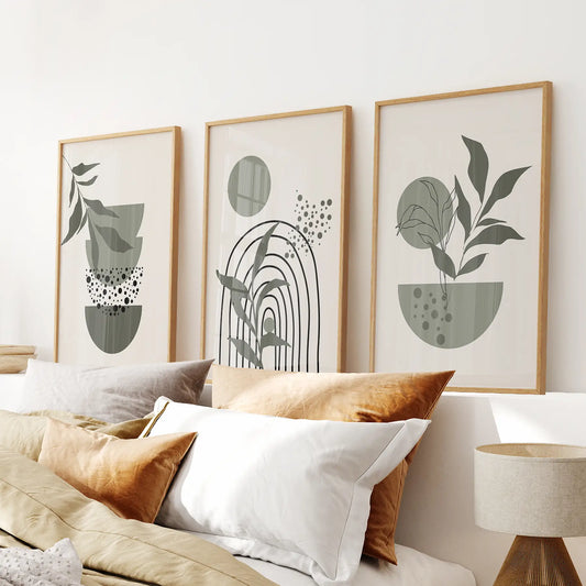 Green Mid‑Century Abstract Wall Art Set — 3 Piece Japandi Prints