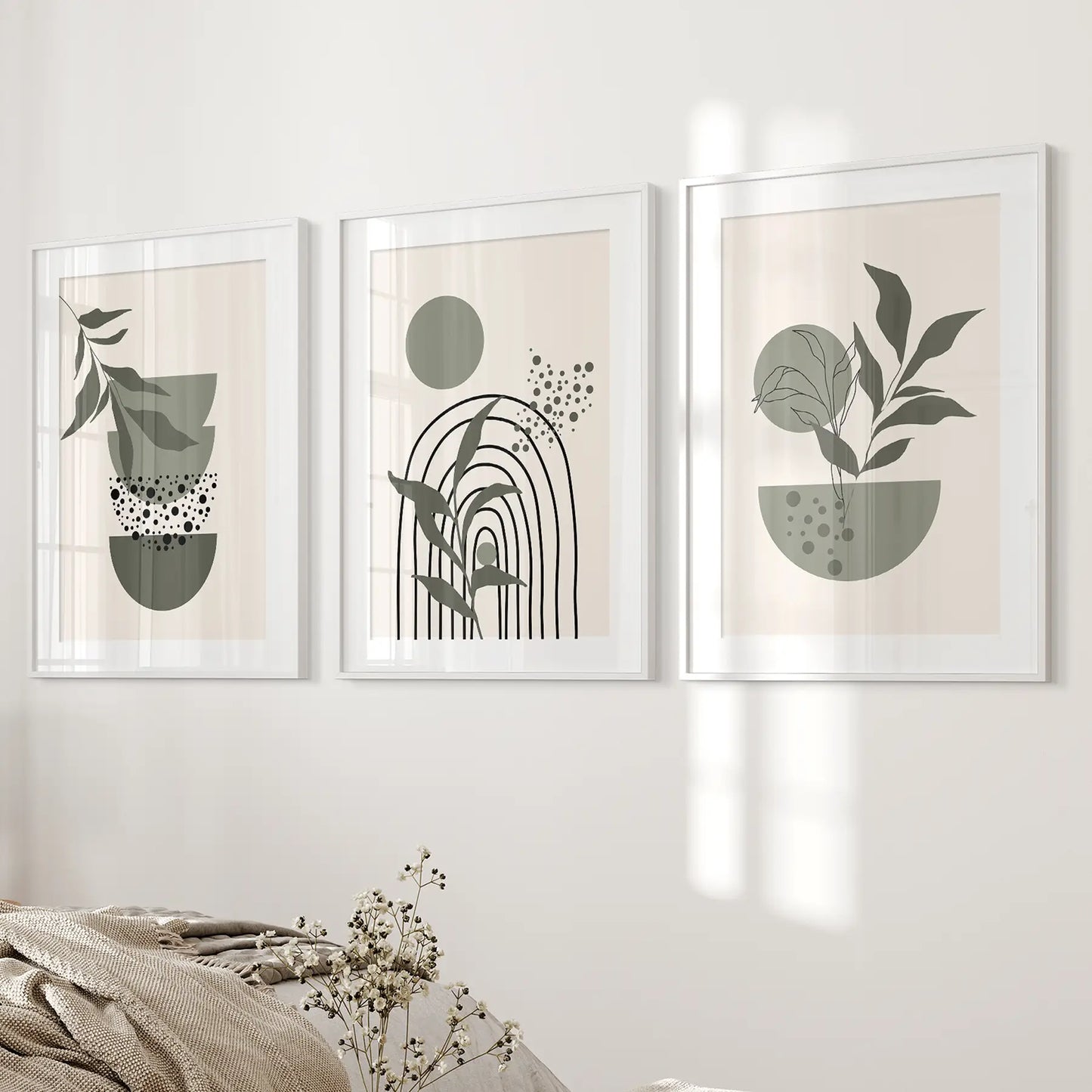 Green Mid‑Century Abstract Wall Art Set — 3 Piece Japandi Prints