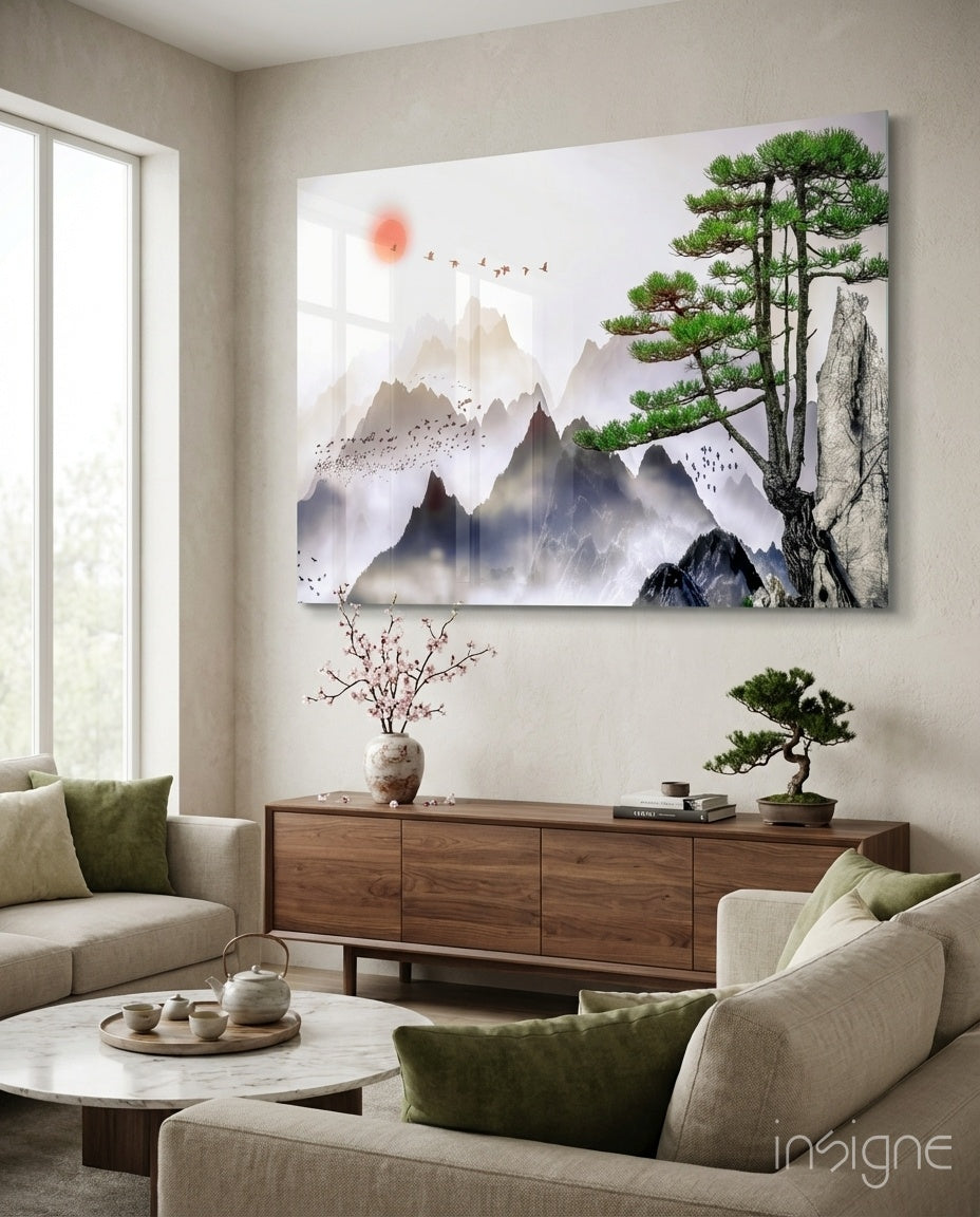 Mountain Pine Sumi‑e – Mist & Sun Japandi Glass Wall Art