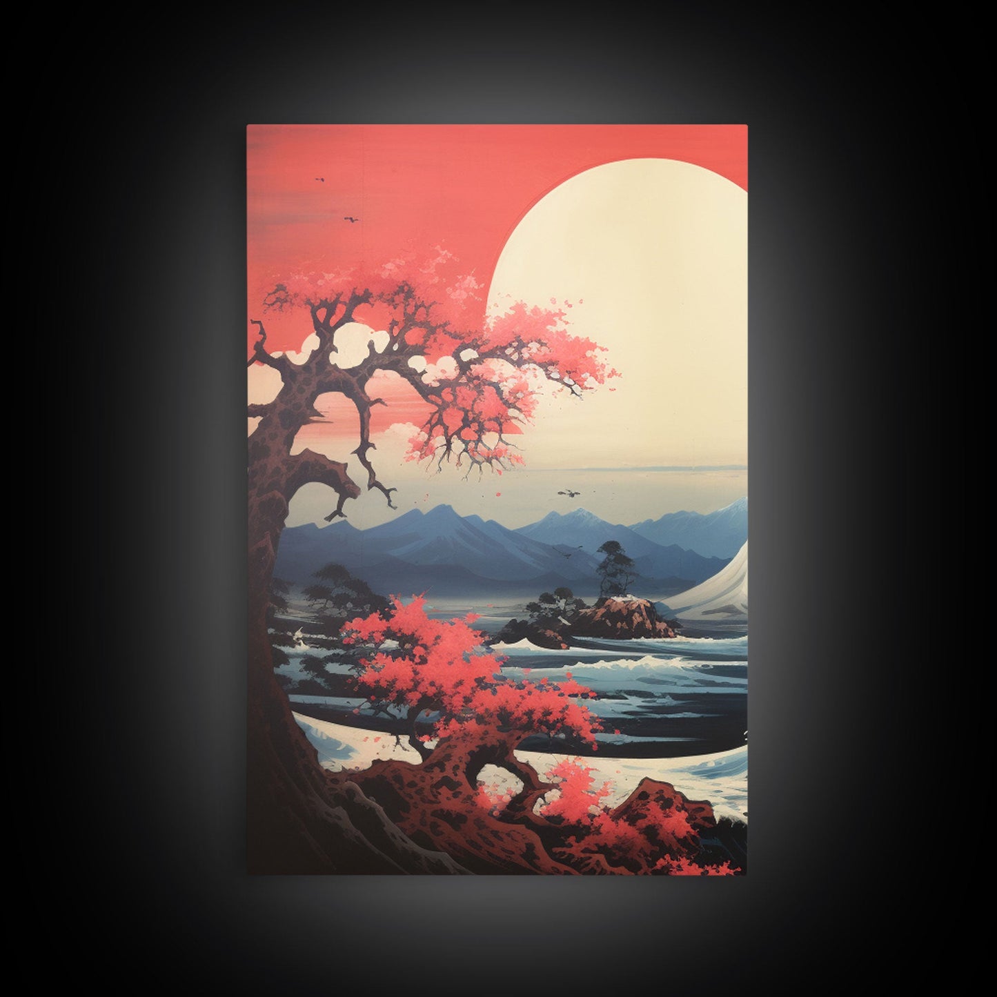 Crimson Wave Horizon – Japandi Seascape Triptych Wall Art