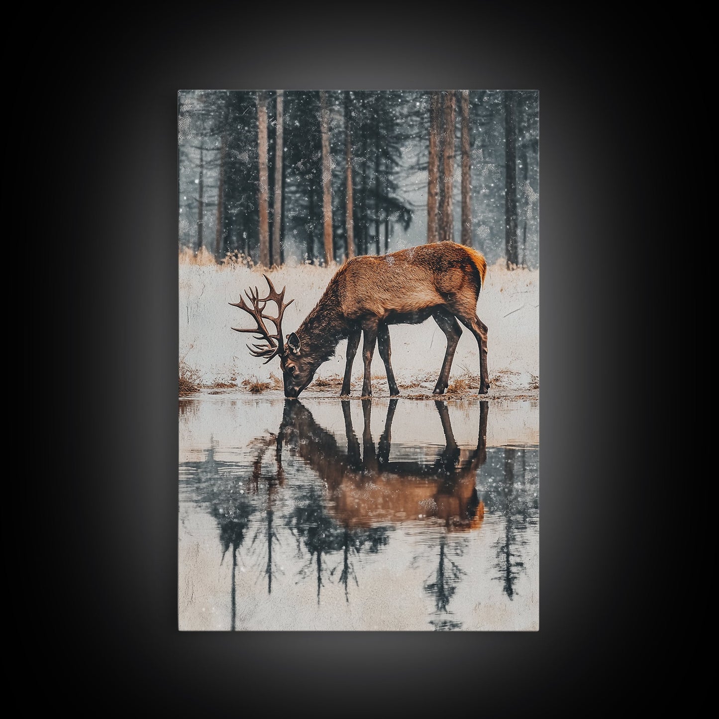Snowfall at the Water’s Edge – Winter Woodland Deer Wall Art
