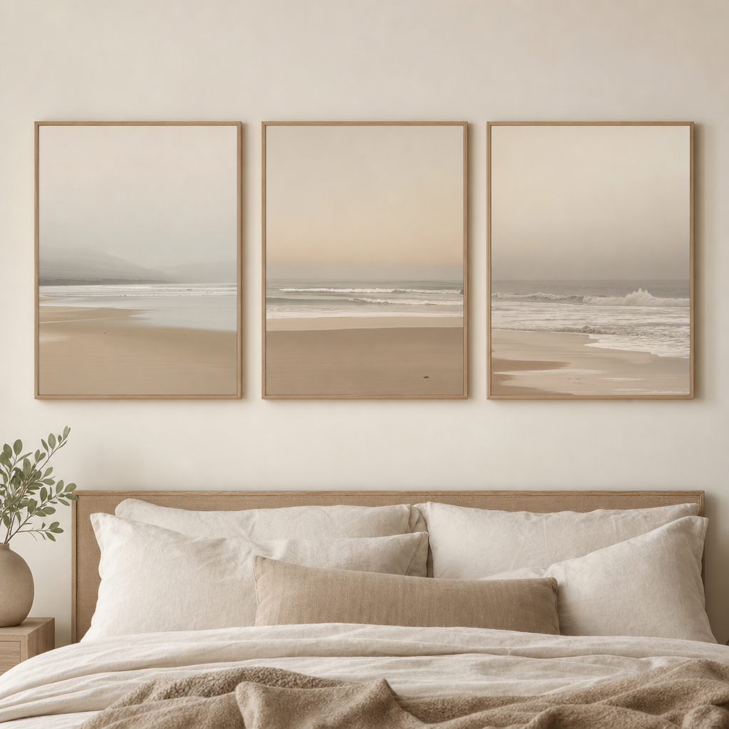 Coastal Calm Trio — Neutral Shoreline Wall Art Set of 3 (4:5 Ratio Digital Download)