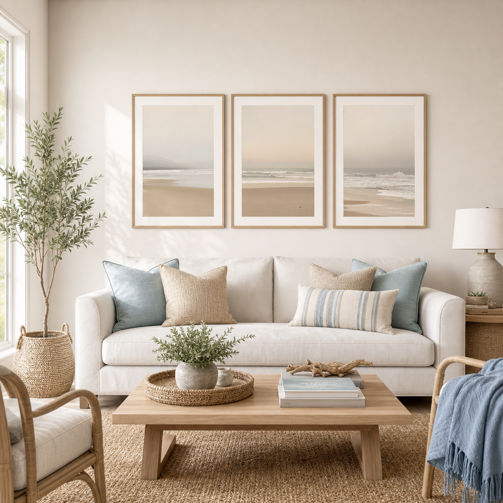 Coastal Calm Trio — Neutral Shoreline Wall Art Set of 3 (4:5 Ratio Digital Download)
