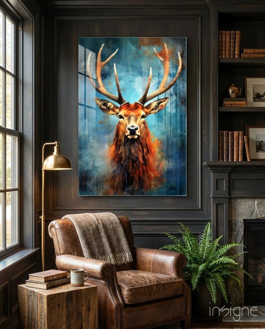 Regal Ember Stag – Painterly Wildlife Glass Wall Art