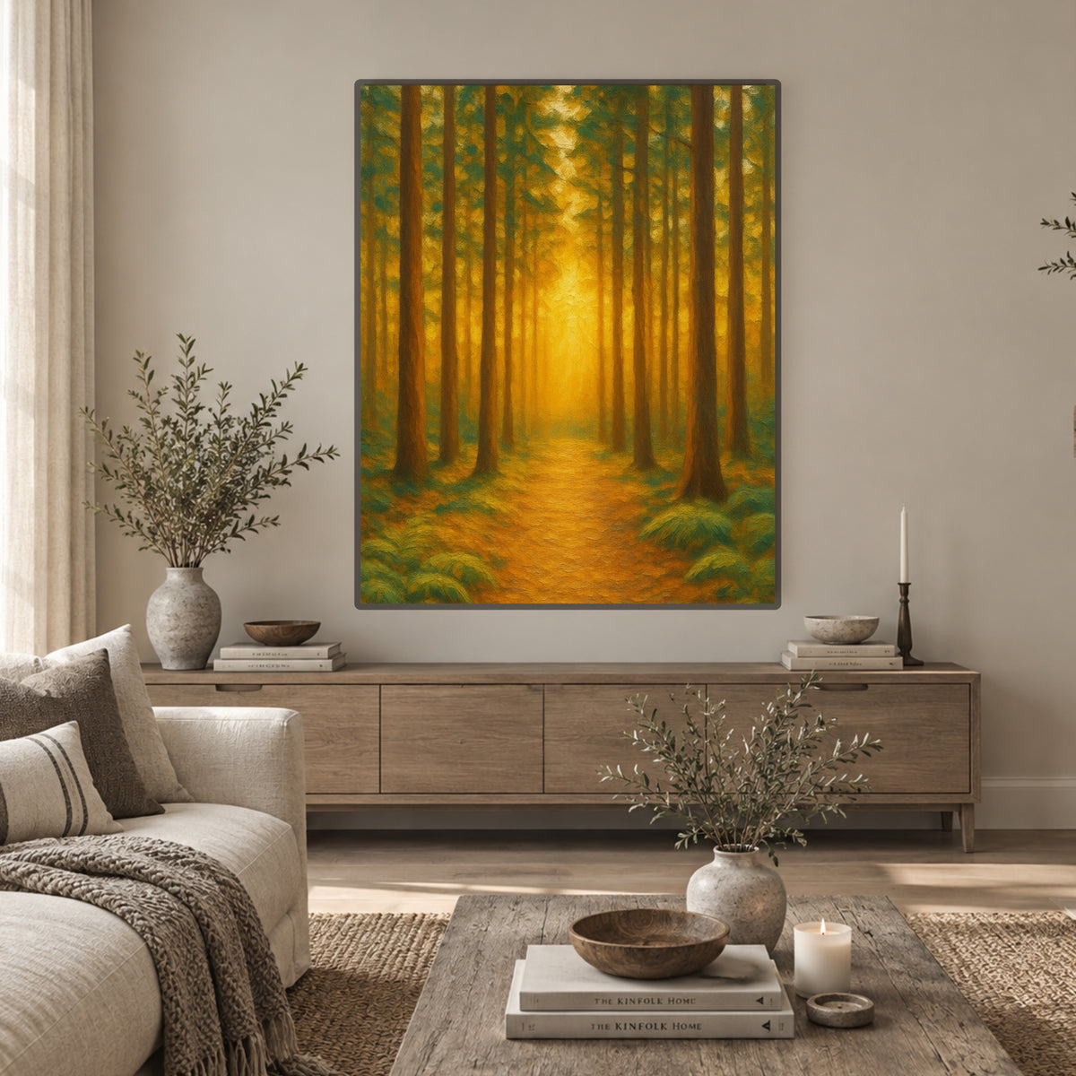 Woodland Glow Path — Sunlit Forest Nature Wall Art
